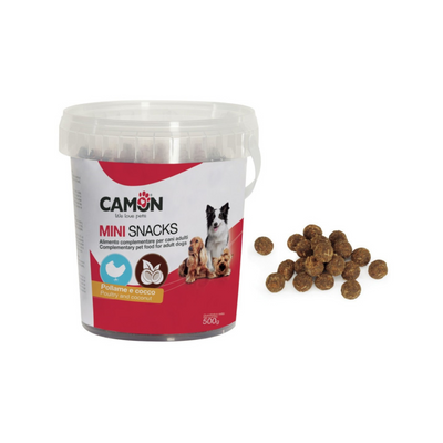 Container of Camon mini snacks with visible dog food balls on a white background