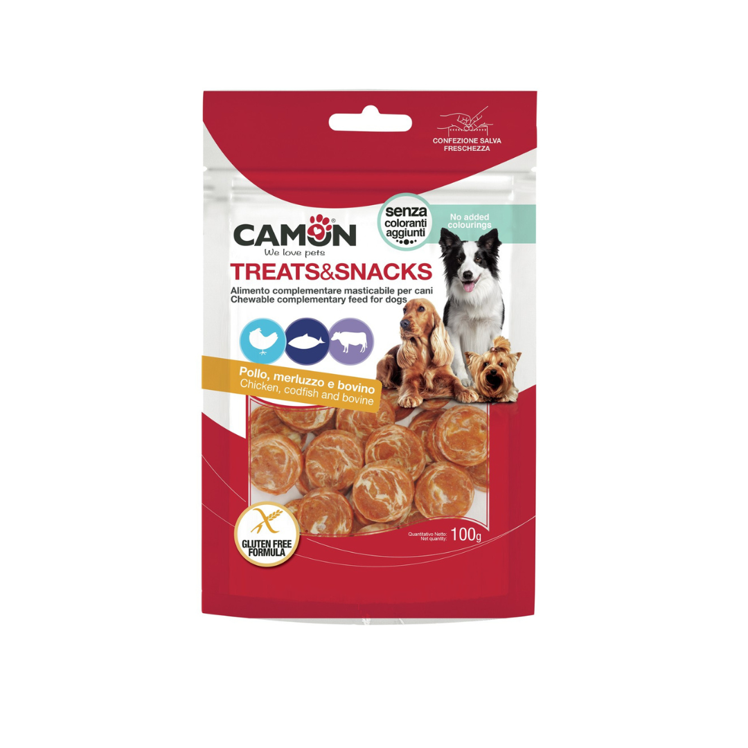 Package of Camon dog treats and snacks on a white background