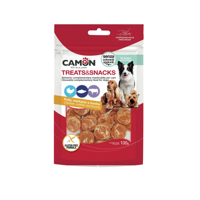 Package of Camon dog treats and snacks on a white background