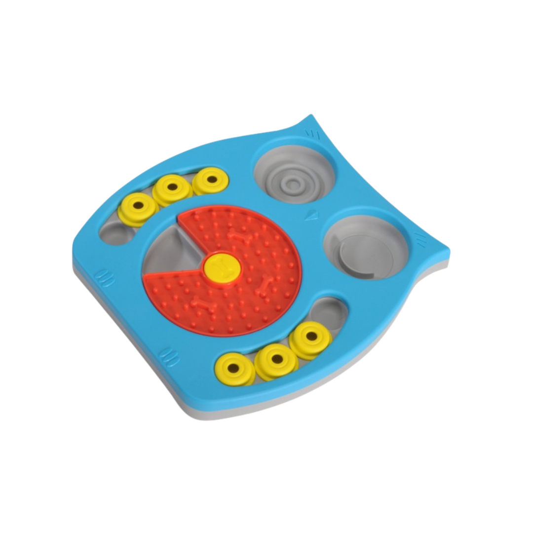 Interactive dog toy, puzzle snack dispenser, owl,