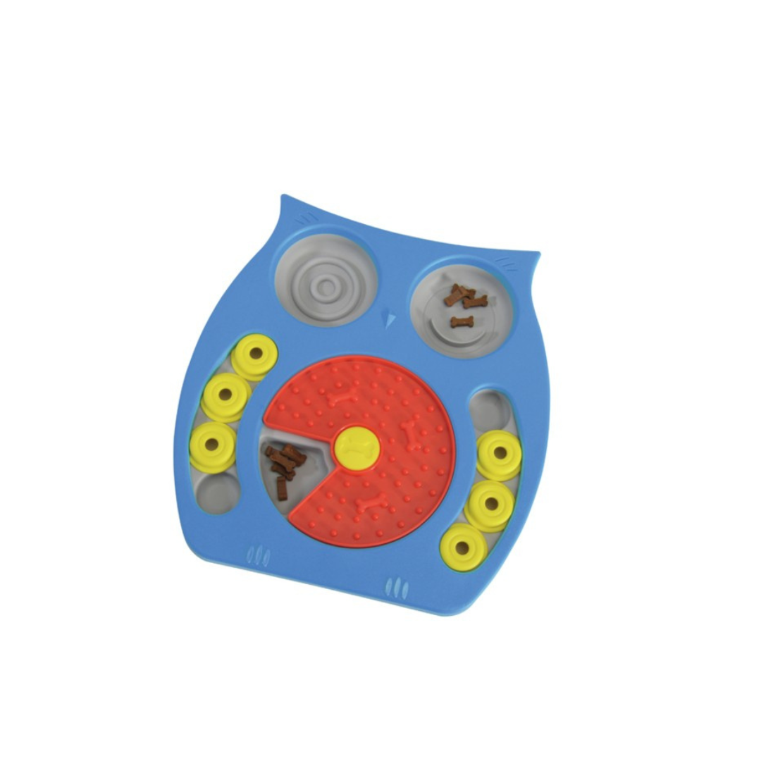 Interactive dog toy, puzzle snack dispenser, owl,