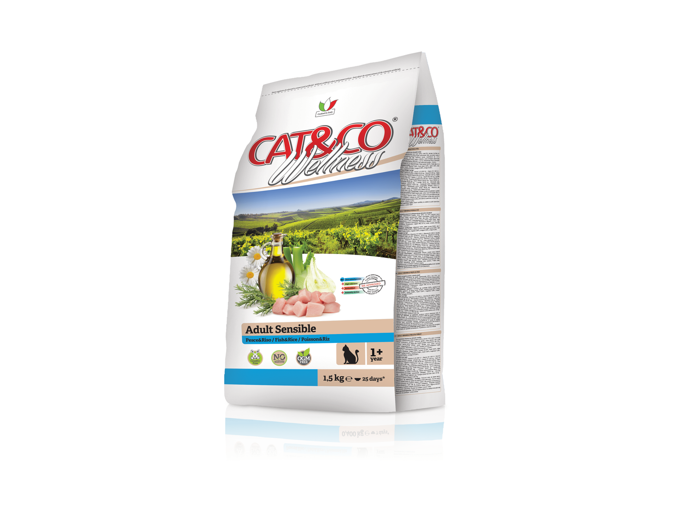 Cat&Co Wellness Adult Sensible dry food with fish and rice, crafted in Italy for adult cats with mild food intolerances. Contains Taurine and Omega 3 & 6 for skin and coat health, with no artificial colors or preservatives