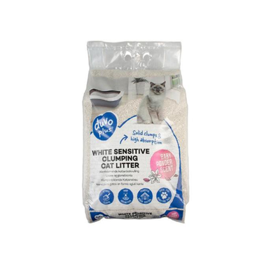 Bag of Dvo Plus white sensitive clumping cat litter with a cat on the label.