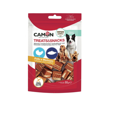 Package of Camon dog treats and snacks with images of dogs on a white background