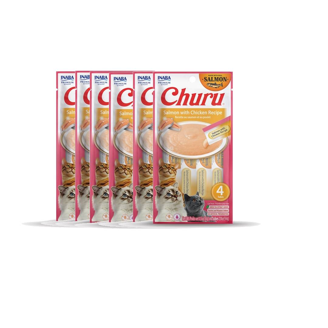 Packaging of Inaba Churu cat food with salmon and chicken recipe on a white background