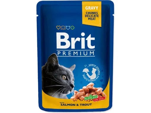 Brit Premium Complete Cat Wet Food in a 100g pouch, made with 60% meat and 16% fish, featuring no colorants or preservatives for a nutritious meal