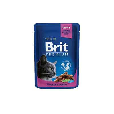 Complete Premium Wet Cat Food with 100 g of high-quality meat chunks, 78% meat content (chicken and turkey), enriched with vitamins and minerals for health and digestion, no colorants or preservatives