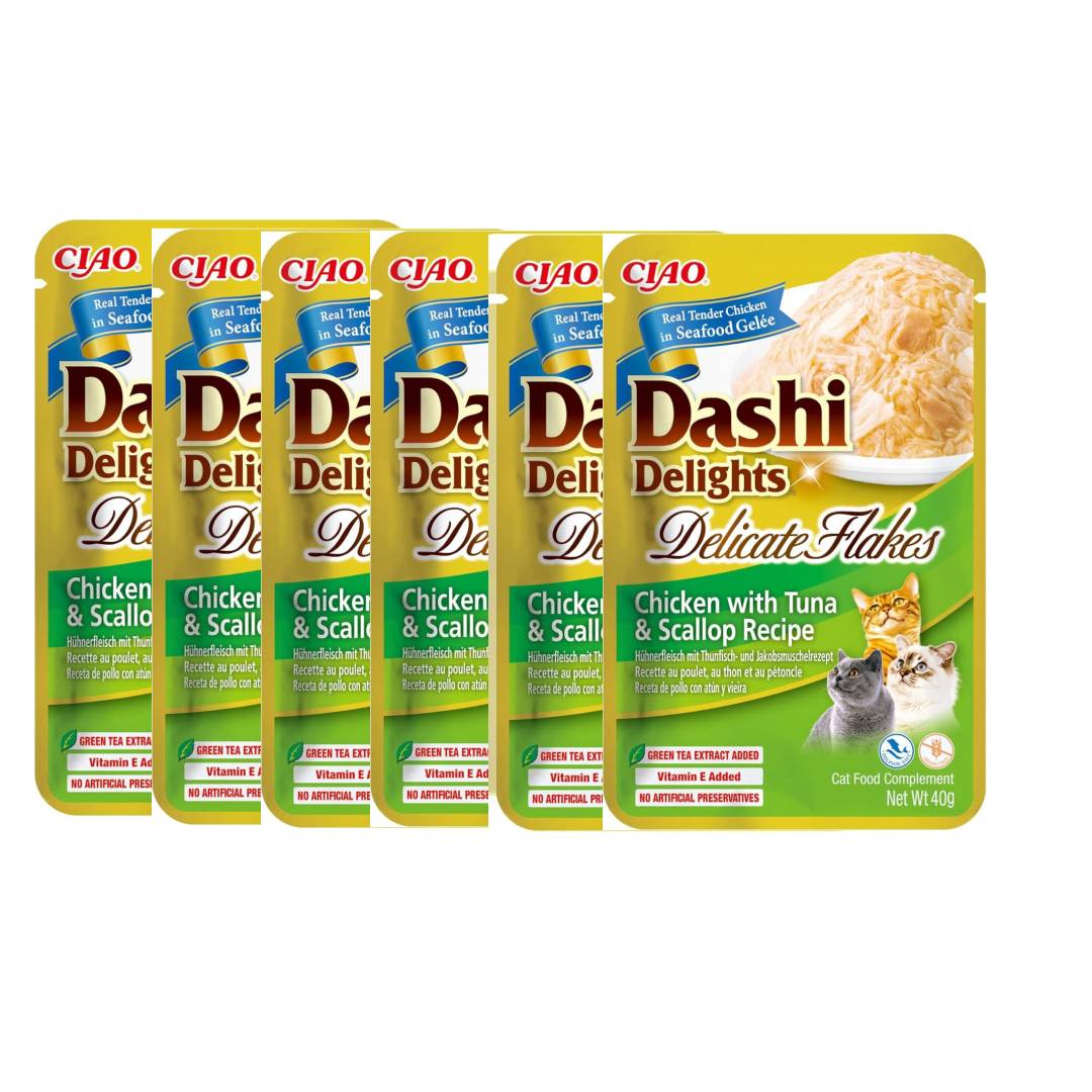 Multiple packages of Ciao Dashi Delights cat food on a white background