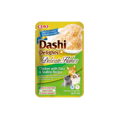 Cat food pouch labeled 'Dashi Delights' with chicken, tuna, and scallop recipe on a white background.