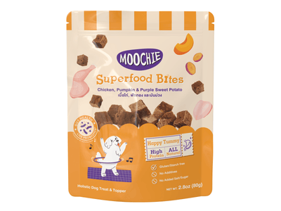 Dog Treats Holistic Superfood Bites (80g) made with real meat and superfoods. Additive and preservative-free, these treats support your dog’s health and well-being