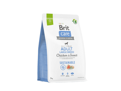 Dog food designed for large breed adults. This gluten-free formula features chicken and insects, promoting healthy digestion and joint support while reducing stress. Made with natural, sustainable ingredients, it keeps your dog happy and healthy