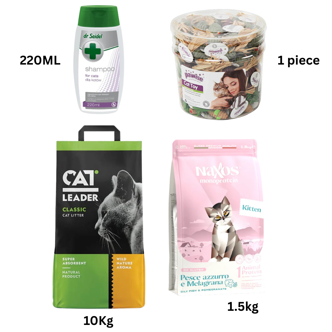 Cat Leader 10Kg + KITTEN Fish and pomegranate 1.5kg + cat toy + Dr Seidel Shampoo 220ML