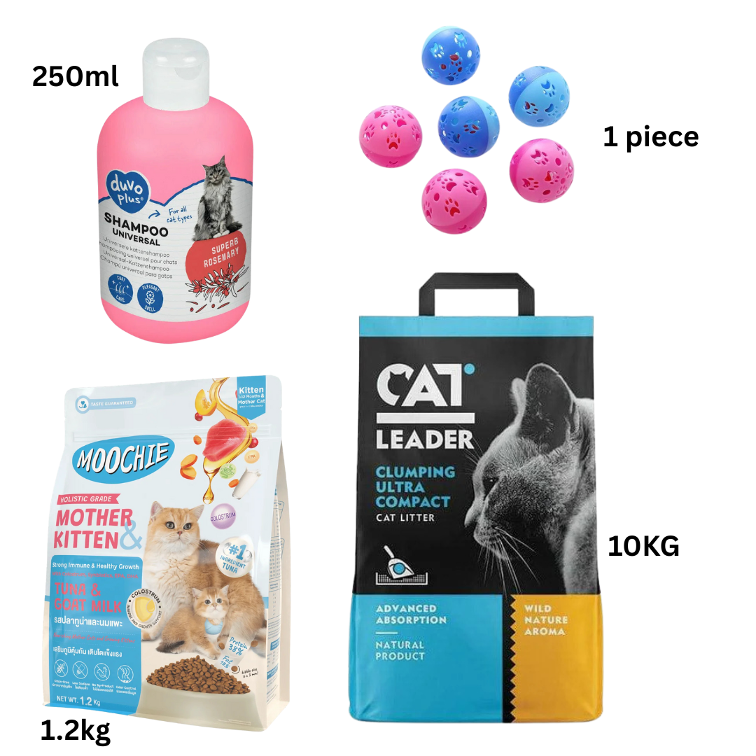 CAT LEADER 10KG + KITTEN CAT FOOD TUNA &amp; GOAT MILK FLAVOUR 1.2kg + cat toy + Cat Shampoo 250 ml