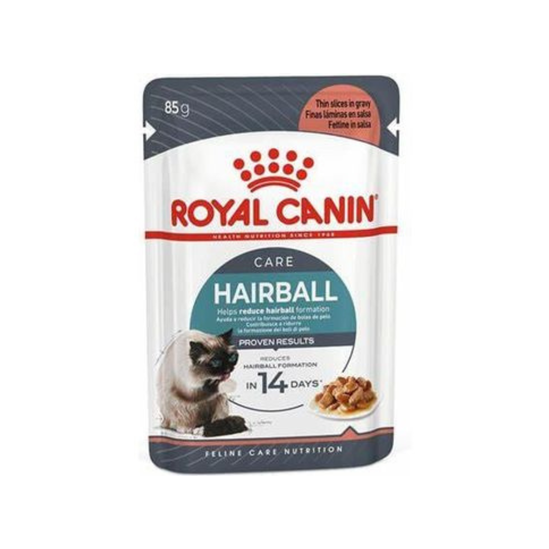 Royal Canin Hairball care cat food pouch on a white background