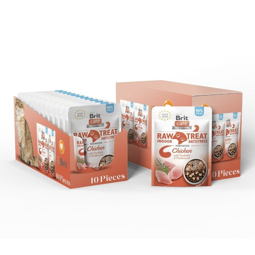 Freeze-dried raw treats for cats made with 96% fresh chicken. Packed with protein and natural ingredients, these tasty snacks are ideal for training or as a special treat. Serve 2 pieces per kg of your cat’s weight for a healthy daily snack