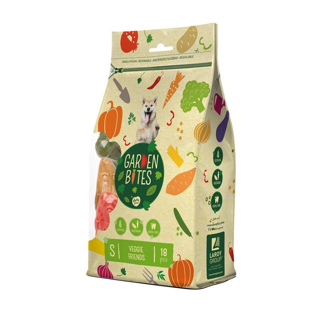 Bag of Garden Bites dog food with colorful illustrations on a white background