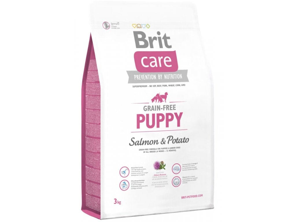 Grain-free Salmon & Potato dog food for puppies. Nutrient-rich formula for healthy growth, strong bones, and skin. Contains salmon, potatoes, vitamins, herbs, and joint-supporting ingredients