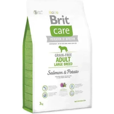 Grain-free salmon and potato dog food for large adult dogs, rich in proteins, vitamins, and Omega fatty acids for health and joint support