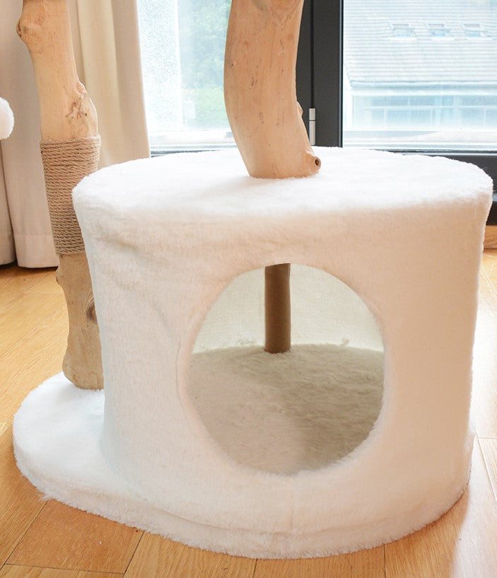 Natural Solid Wood Cat Climbing Tree With Rattan Cushion Basket 45×58×89cm