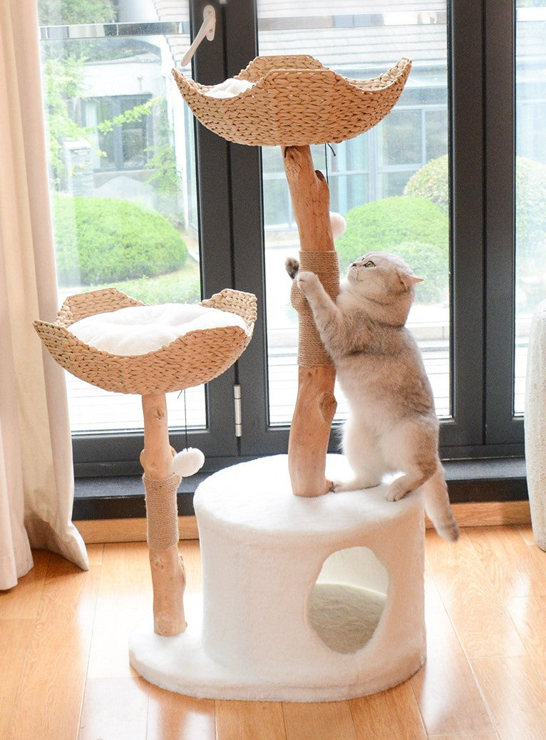 Natural Solid Wood Cat Climbing Tree With Rattan Cushion Basket 45×58×89cm