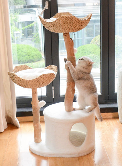 Natural Solid Wood Cat Climbing Tree With Rattan Cushion Basket 45×58×89cm