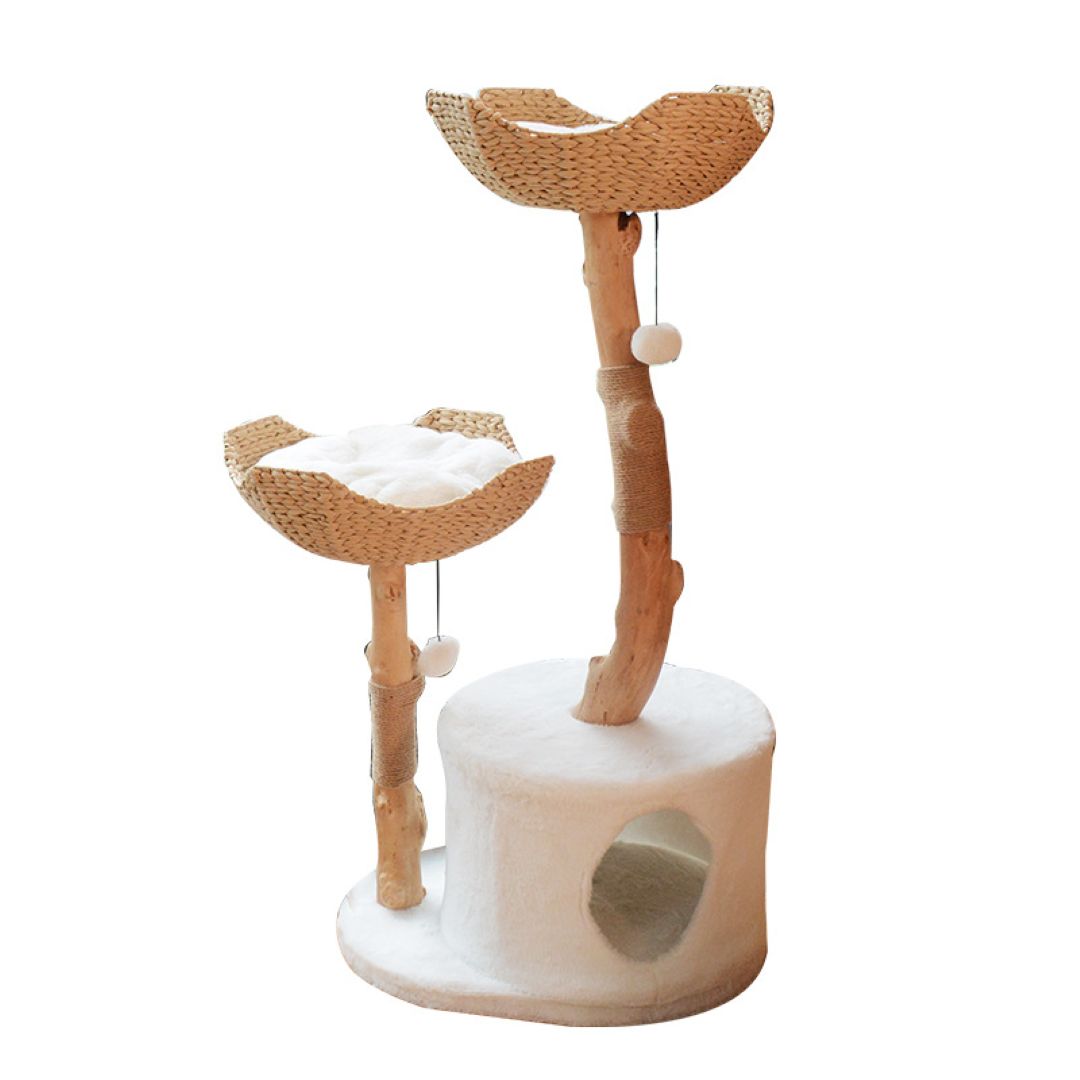Natural Solid Wood Cat Climbing Tree With Rattan Cushion Basket 45×58×89cm