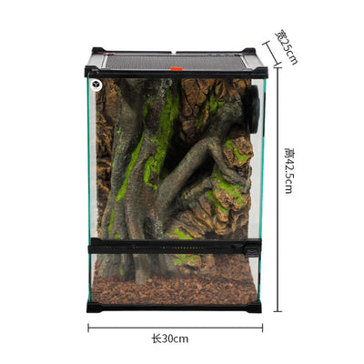 Small aquarium with decorative elements and dimensions on a white background