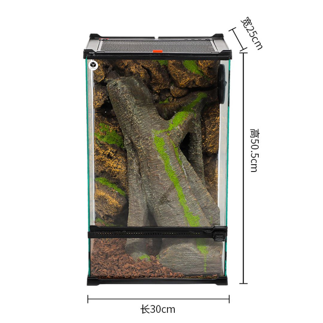 Small aquarium with decorative elements and dimensions displayed