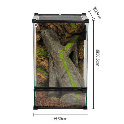 Small aquarium with decorative elements and dimensions displayed
