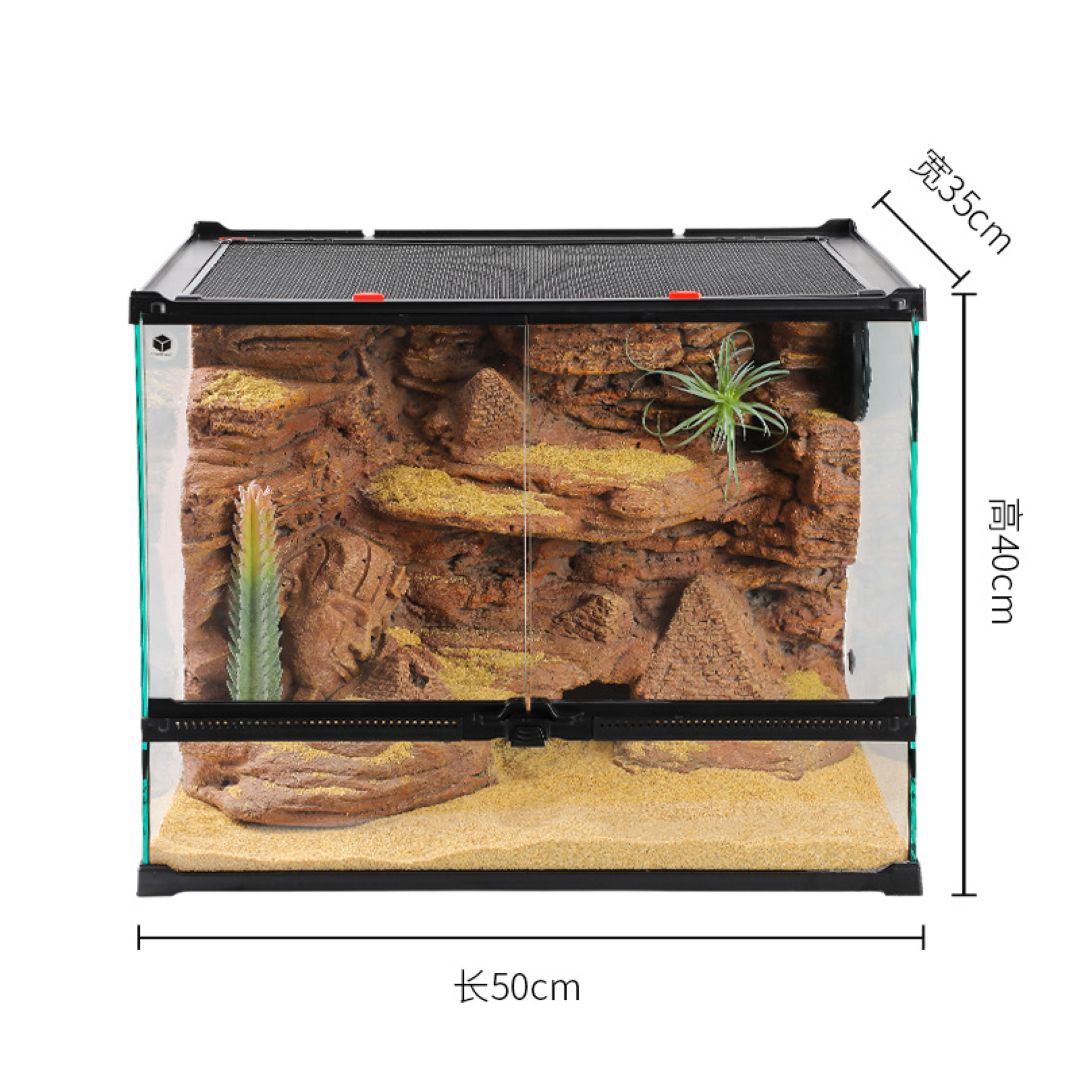 Reptile terrarium with rock background and dimensions displayed
