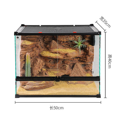 Reptile terrarium with rock background and dimensions displayed