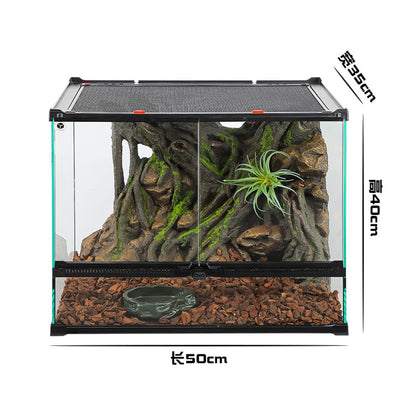 Small aquarium with decorative elements and dimensions displayed