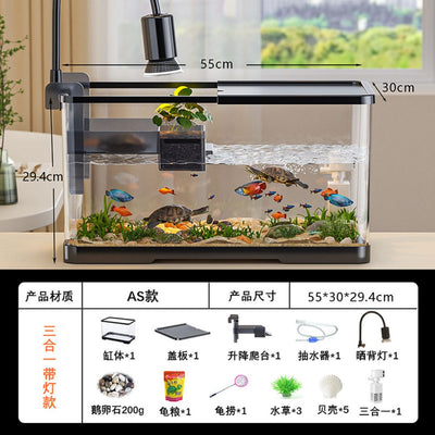 Fish tank with dimensions and product details on a table