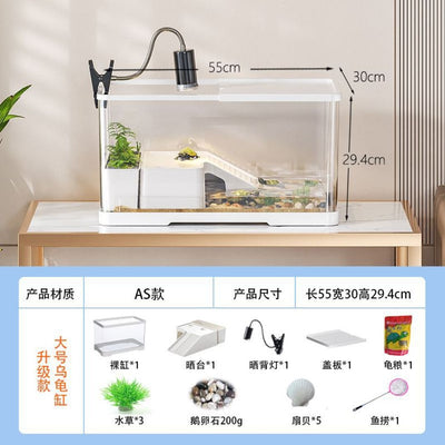 Aquarium setup with dimensions and product components displayed on a white background