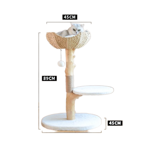 Natural Solid Wood Cat Climbing Tree With Rattan Cushion Basket 45×58×89cm