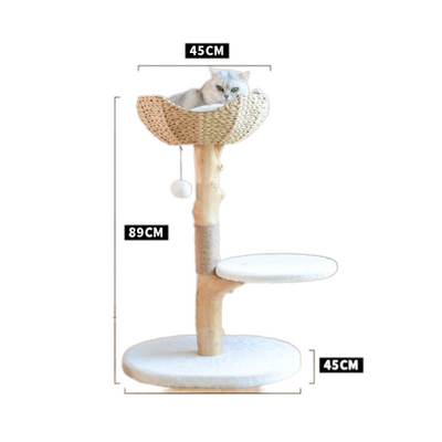 Natural Solid Wood Cat Climbing Tree With Rattan Cushion Basket 45×58×89cm