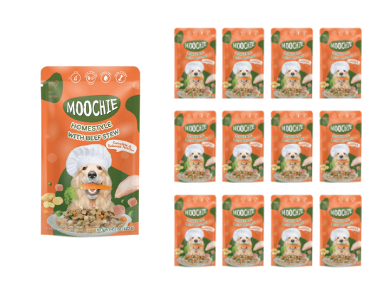 Moochie Homestyle Beef Stew in a 120g pouch, packaged in a box containing 12 pouches