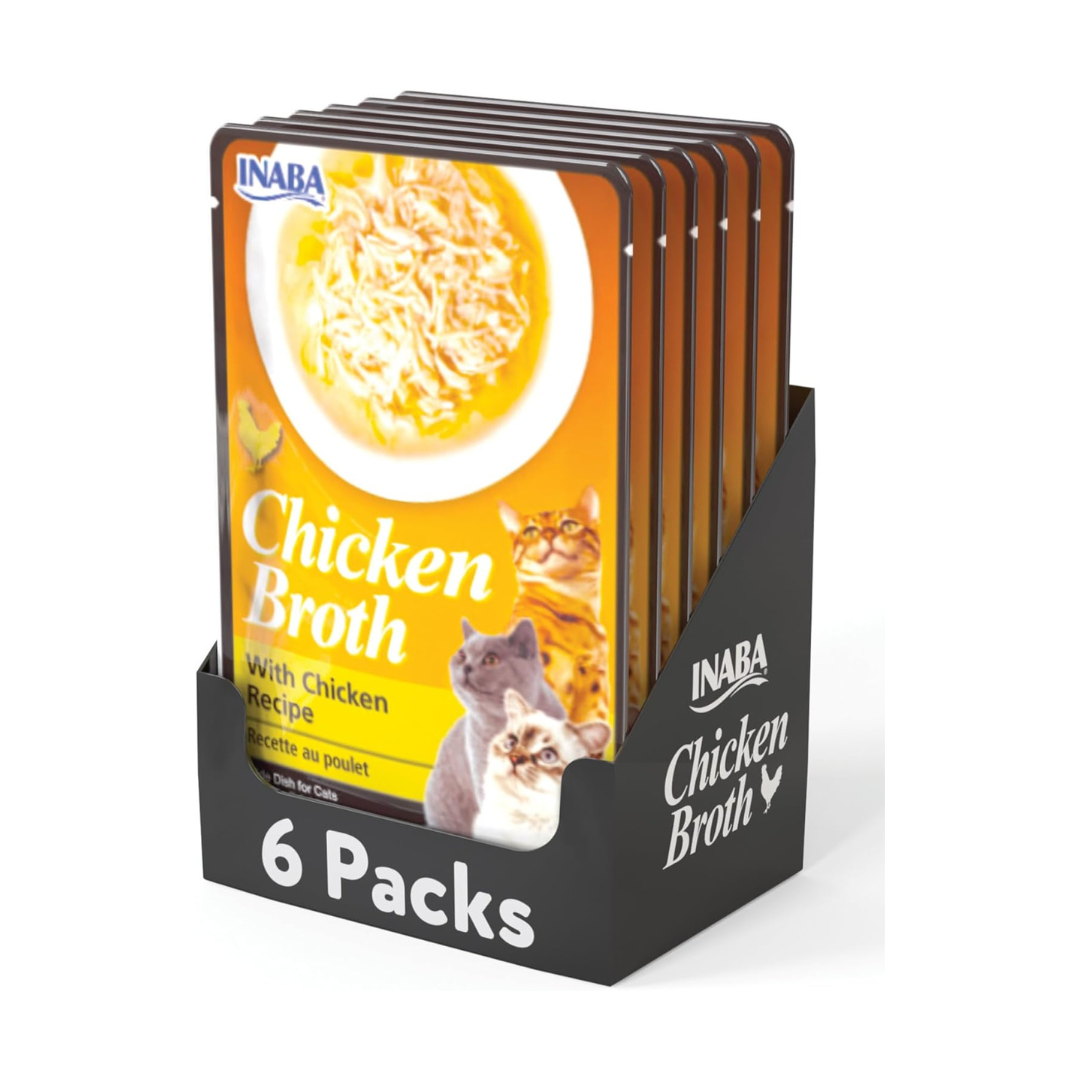 Display of Inaba Chicken Broth cat food packages on a white background