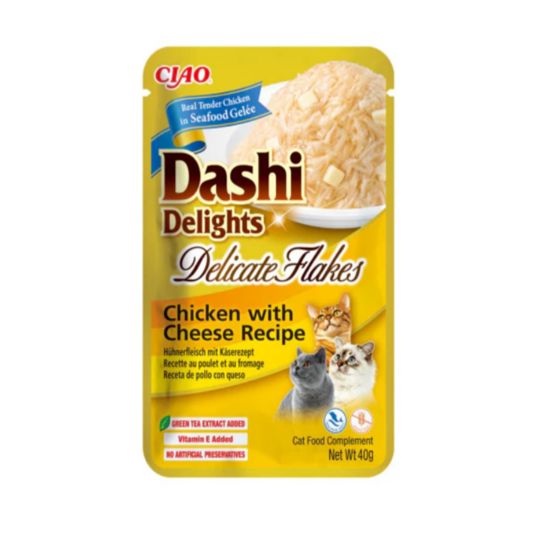 Cat food pouch with Dashi Delights branding on a white background