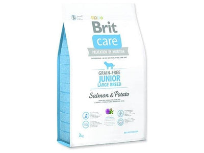 Junior large breed dog food with salmon, potatoes, and chicken fat. Balanced nutrition with Omega 3 and 6, plus essential vitamins and minerals for joint health and digestion. Contains 28% protein and 15% fat for energy and overall health
