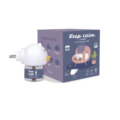 White electronic diffuser with packaging labeled 'Keep Calm' on a white background