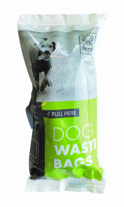 Dog waste bags packaging with a dog on the label