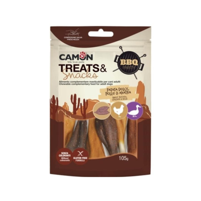 Camon Treats & Snacks packaging for dogs with BBQ flavor on a white background