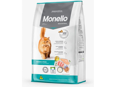 Monello Adult Cat Hairball Chicken and Fish Flavor: Nutritious cat food with high-quality ingredients like poultry meal and salmon oil. It contains 31% protein and 12% fat, helping to reduce hairballs