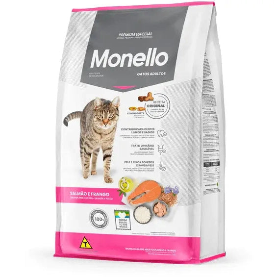 Monello Special Premium Adult Cat Food, 7kg bag, with salmon and chicken formula for active cats. Promotes a healthy coat, clean teeth, and urinary health