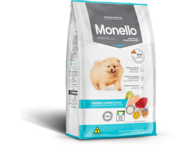 Monello Special Premium Small Breed Puppy food is designed for growing pups. It contains chicken, beef, and eggs, with easy-to-chew kibbles