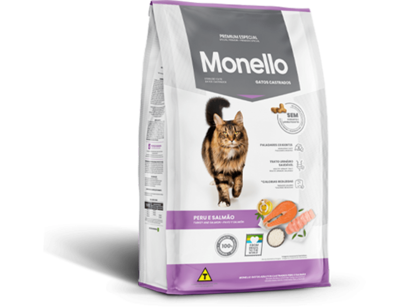 Monello Special Premium Sterilized Cat Food for less active cats, featuring a tasty mix of turkey and salmon