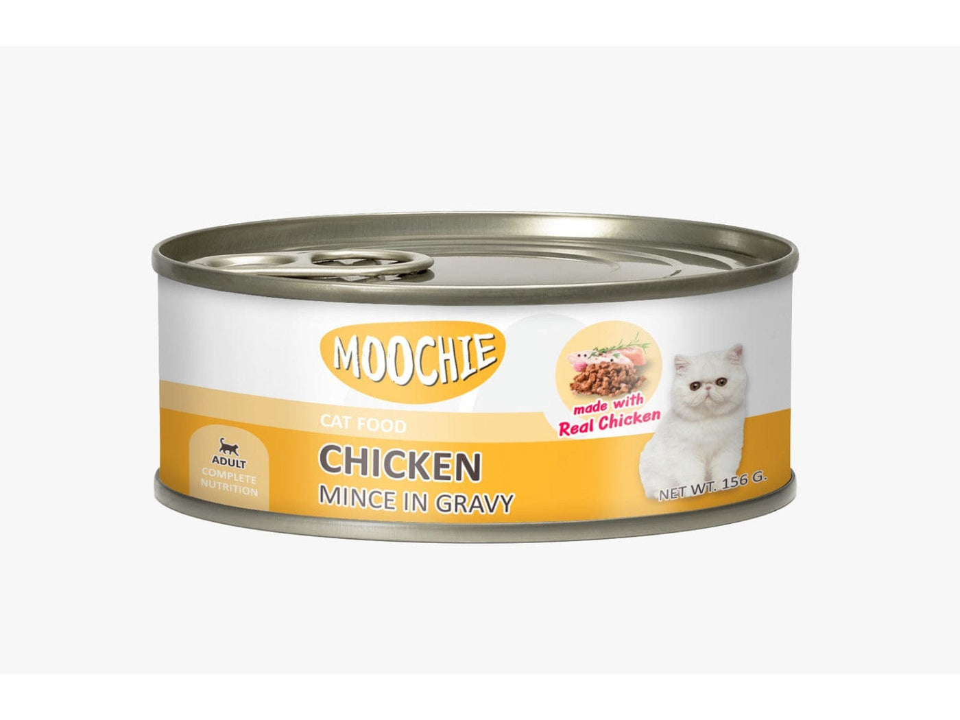 Moochie Adult Mince with Chicken, 85g can of nutritious cat food made with real chicken, enriched with vitamins and minerals for a balanced diet