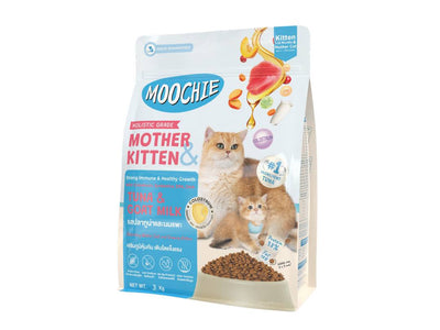 Image of Moochie Cat Kibble Holistic Grade, a 3 kg bag of premium cat food designed for mother cats and kittens. Contains 38% protein, 15% fat, with ingredients like hydrolyzed tuna, salmon oil, and goat milk to support immunity, muscle strength, and healthy growth