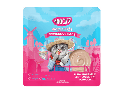 Moochie Cat Tuna Recipe with Strawberry Flavor: Nutritious tuna and salmon oil support healthy skin, a strong immune system, and overall well-being, while providing essential omega-3 fatty acids and taurine for your cat's health